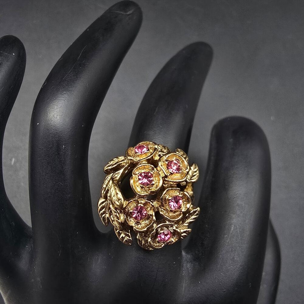 18K Gold Electroplated Floral Ring Pink Rhinestone Size 7 Vintage Jewelry